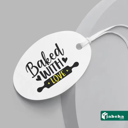 تصویر تگ آویز لباس با متن لاتینbaked with love 5 × 9 فروش توسط سایت جعبه ها